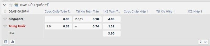 Bảng tỷ lệ kèo trận Singapore vs Trung Quốc