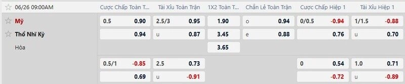Bảng tỷ lệ kèo trận Thổ Nhĩ Kỳ vs Mỹ